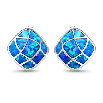 Solitaire Stud Earring Cushion Shape Lab Created Blue Opal 925 Sterling Silver (13mm)